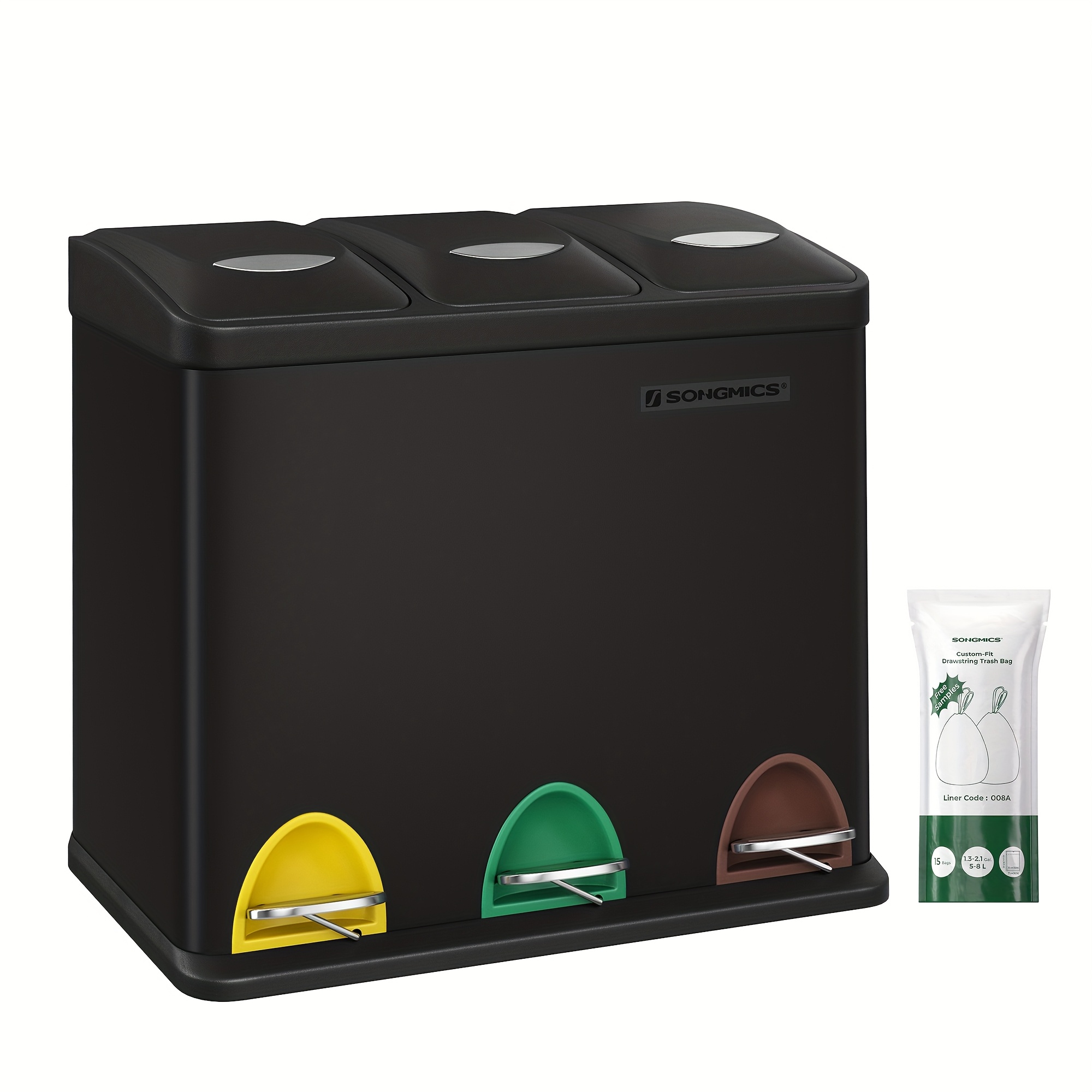 Trash Bin For The Kitchen, 3 Compartments Of 8 Each, Designed For Waste Sorting, Featuring A Lid And Pedal, Ideal For Small Households, Includes Pedals And An Inner Bucket