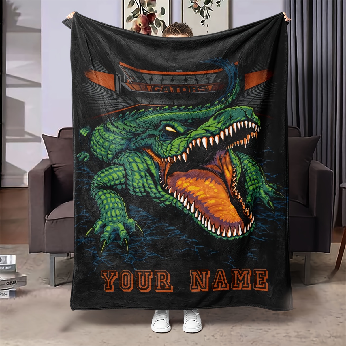 

Contemporary All-season Gator Print Flannel Throw Blanket - Customizable Personalized Warm Cozy Knitted Polyester Bedding For All Seasons - Ideal Gift Blanket