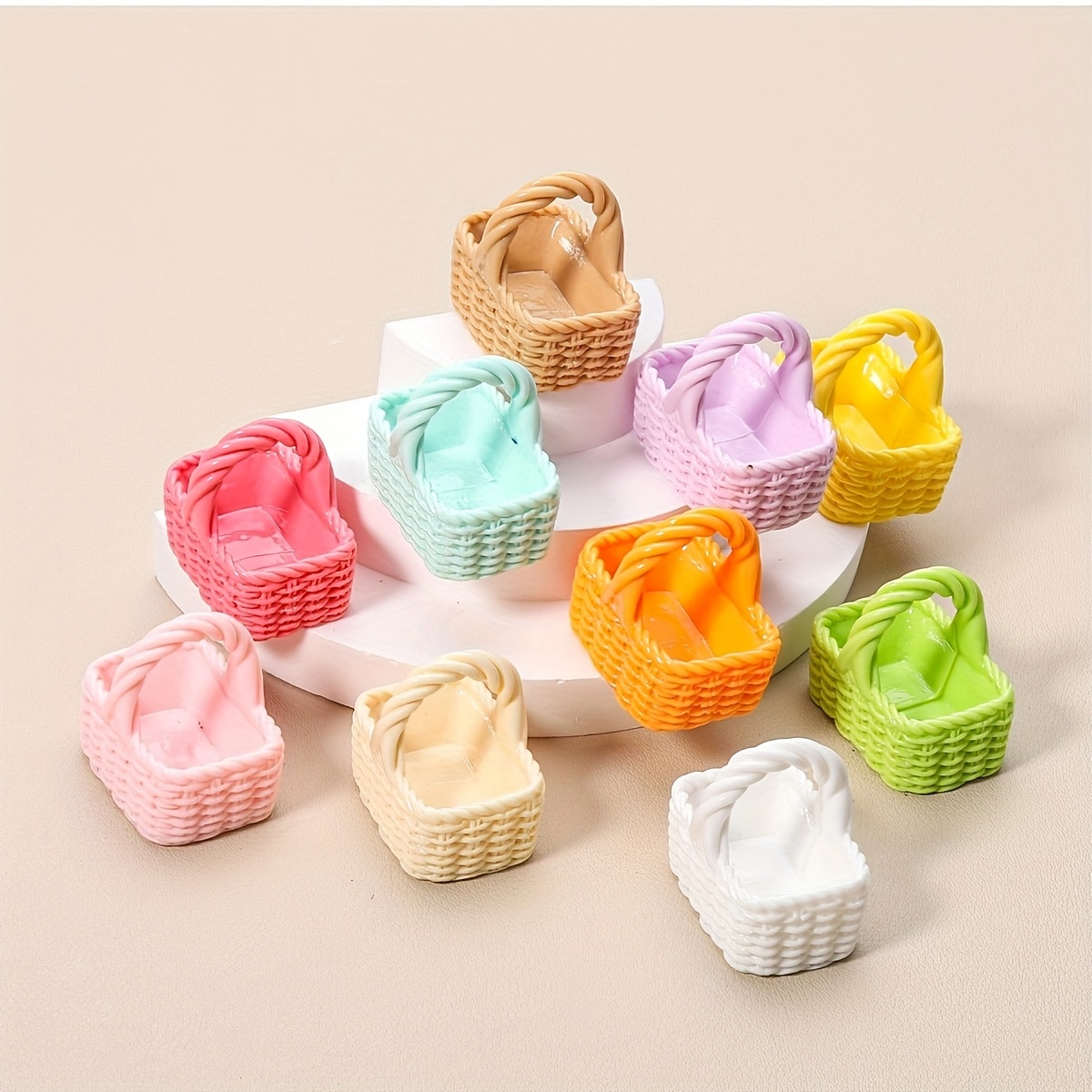 TEMU 10pcs Mini Plastic Flower Basket Decorations - Pastel Multicolor Floral & Mushroom Theme Easter Miniature Ornaments For Model Houses, Dollhouse,