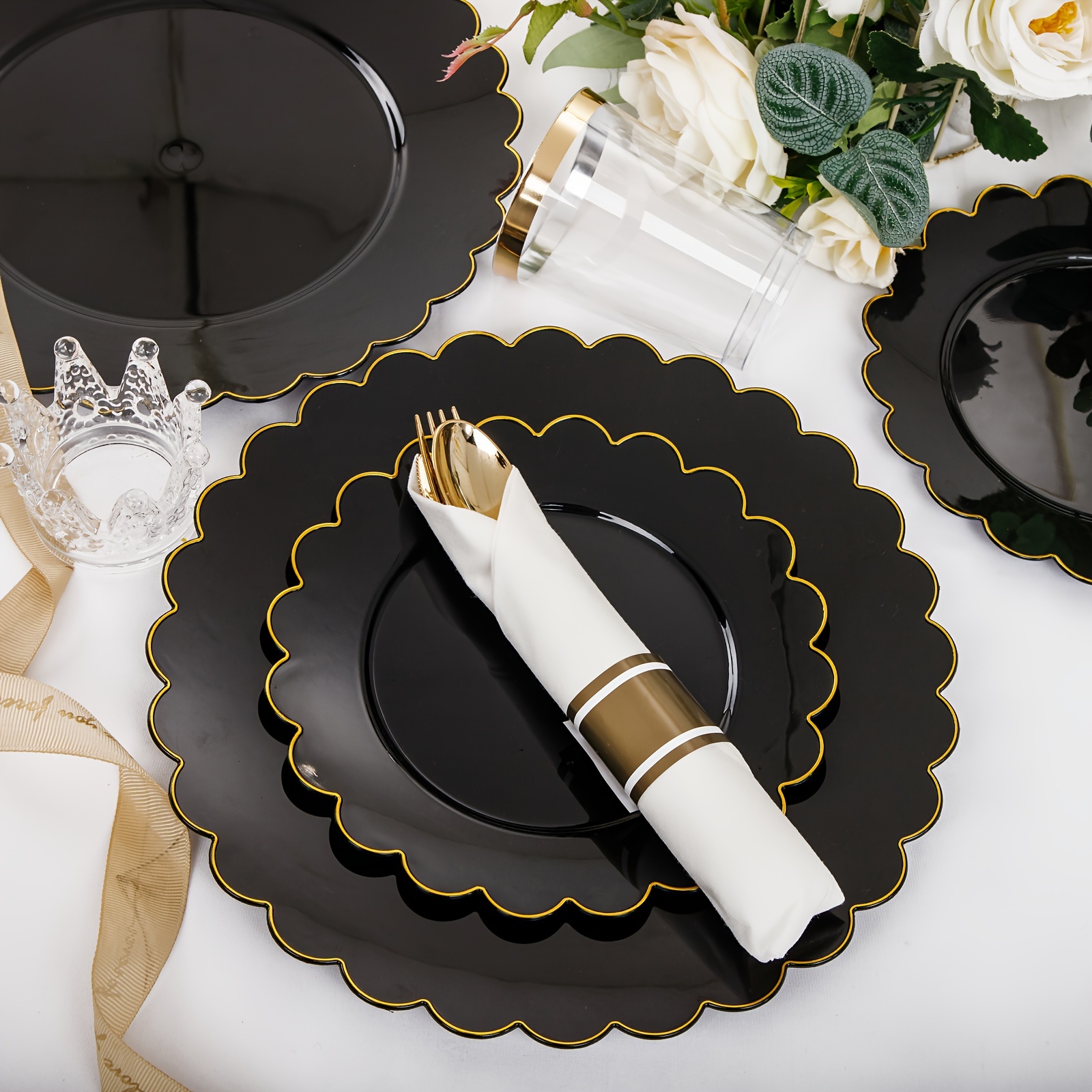 

350pcs Black Plastic Dinnerware Black Plastic Plates Wrapped Plastic Silverware Gold 50pcs Dinner Plates 50pcs Dessert Plates 50 Pre Rolled Cutlery With Gold Plastic Party Plates Serving For 50guests