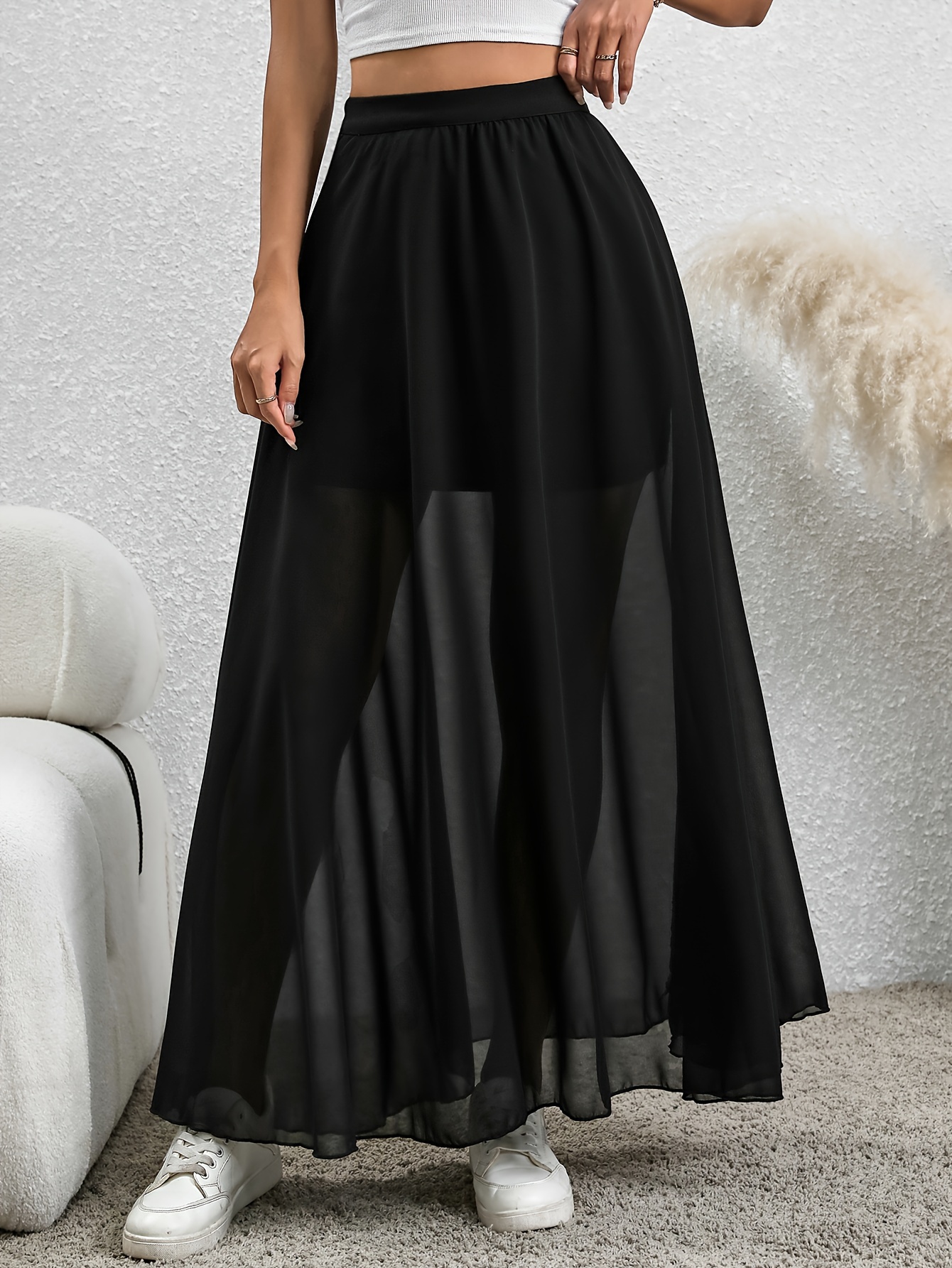 Women's High-Waist Chiffon Beach Skirt Black, Elastic Waistband, Flowy  Long Cover-Up for Vacation, Machine Washable, Vacation Wear|Elegant  Appearanc