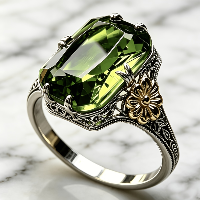 TEMU Bague Fleur au Design Créatif - Bague en Émeraude Synthétique Incrustée, Bague en pour Femme, Accessoires de Banquet, de Mariage, Cadeau de