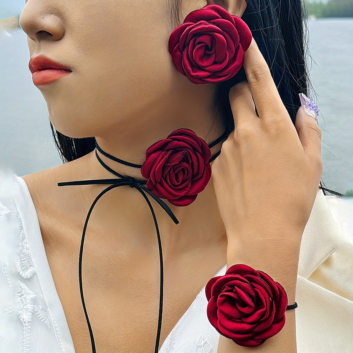 

3pcs Elegant Polyester Floral Jewelry Set, Large Rose Stud Earrings, Necklace, And Bracelet For Women, Party, Wedding, And Prom Accessory Gift