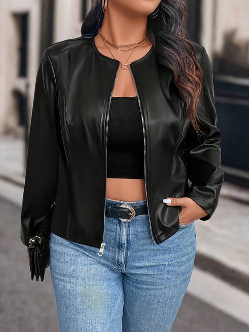 plus size plus size womens short zip up pu jacket autumn winter long sleeve biker jacket with simple round neck design versatile for commuting and casual wear fashion motorcycle jacket coat