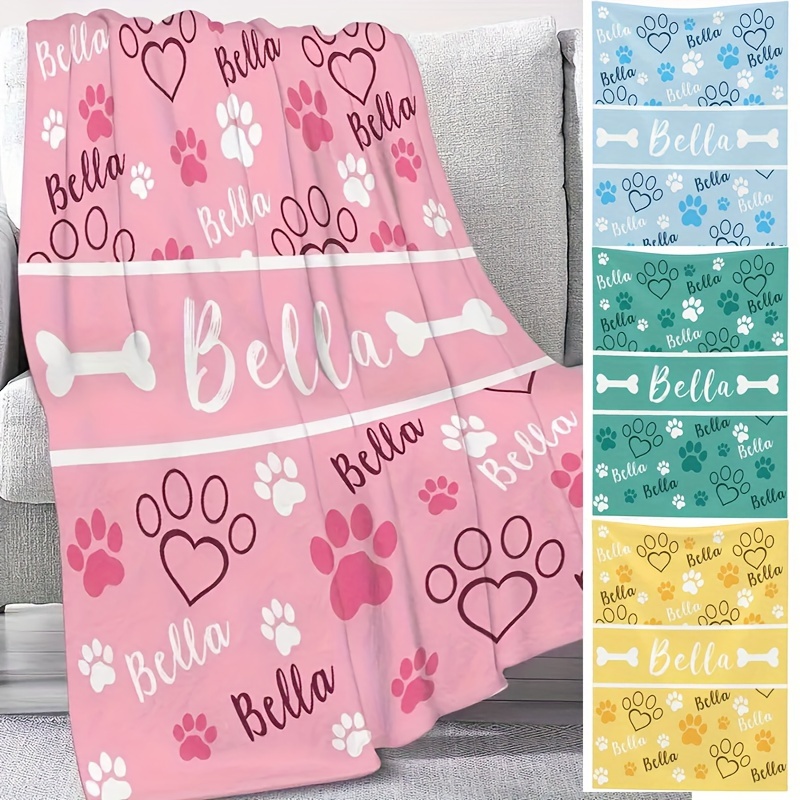 

Custom Text Dog Paw Print Flannel Blanket - Personalized, For Couch, Bed, Travel, Camping, Living Room, Office - Machine Washable, Comfort