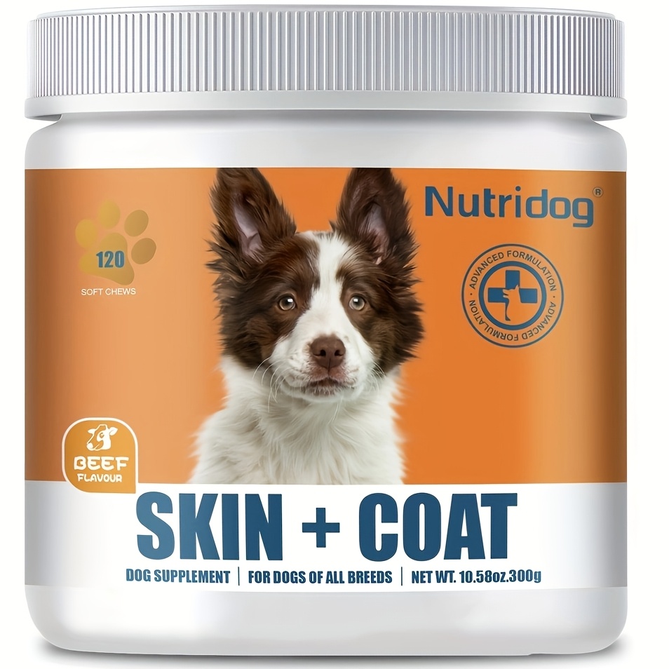 TEMU 120ct Nutridog Skin & Coat Chews, Beef Flavor, Dog Vitamins And Supplements With Allergies, With Biotin, 3, , Dog Snack, Dog Chews