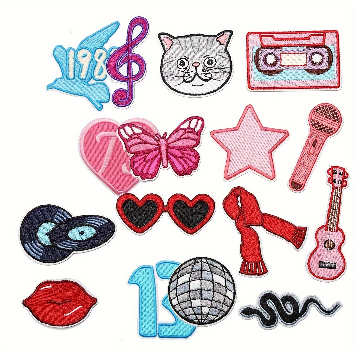 

16pcs Music-themed Pink Embroidered Iron-on Patches, Assorted Colors - Perfect For Diy Clothing, Dresses, Hats & Jeans