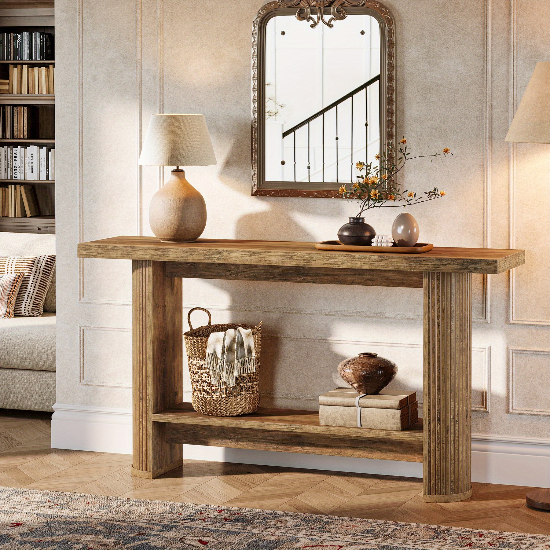 Image of 55-inch Contemporary Console Table, Slim Sofa Table For , Wooden Entry Table Behind The Sofa For Living Room, Hallway, Entrance, Brown