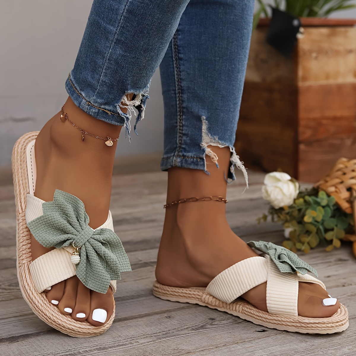 breathable linen slides open toe lightweight   stylish slip on shoes for indoor outdoor relaxation vintage round toe flat sandals with decorative bow indoor outdoor shoes vintage style sandals eva sole sandals details 6