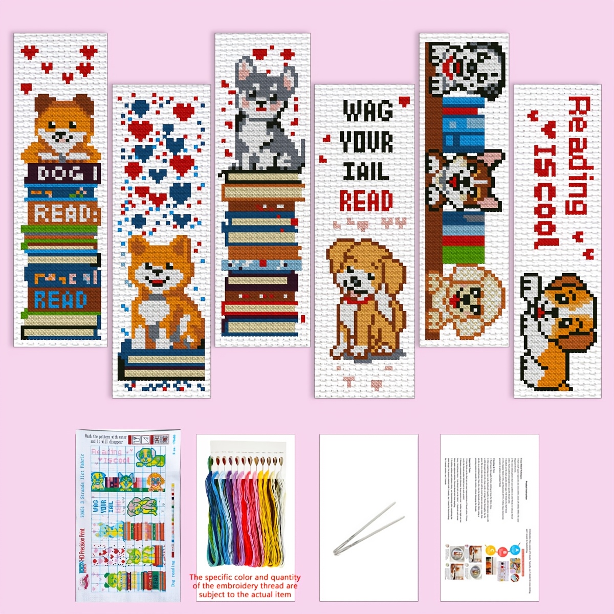 TEMU 1 Set Of Printed Cross- Featuring A Cute Dog And Colorful Book-shaped Bookmarks. Diy Cross- Bookmark Kit Includes Embroidery Thread, Needle, And