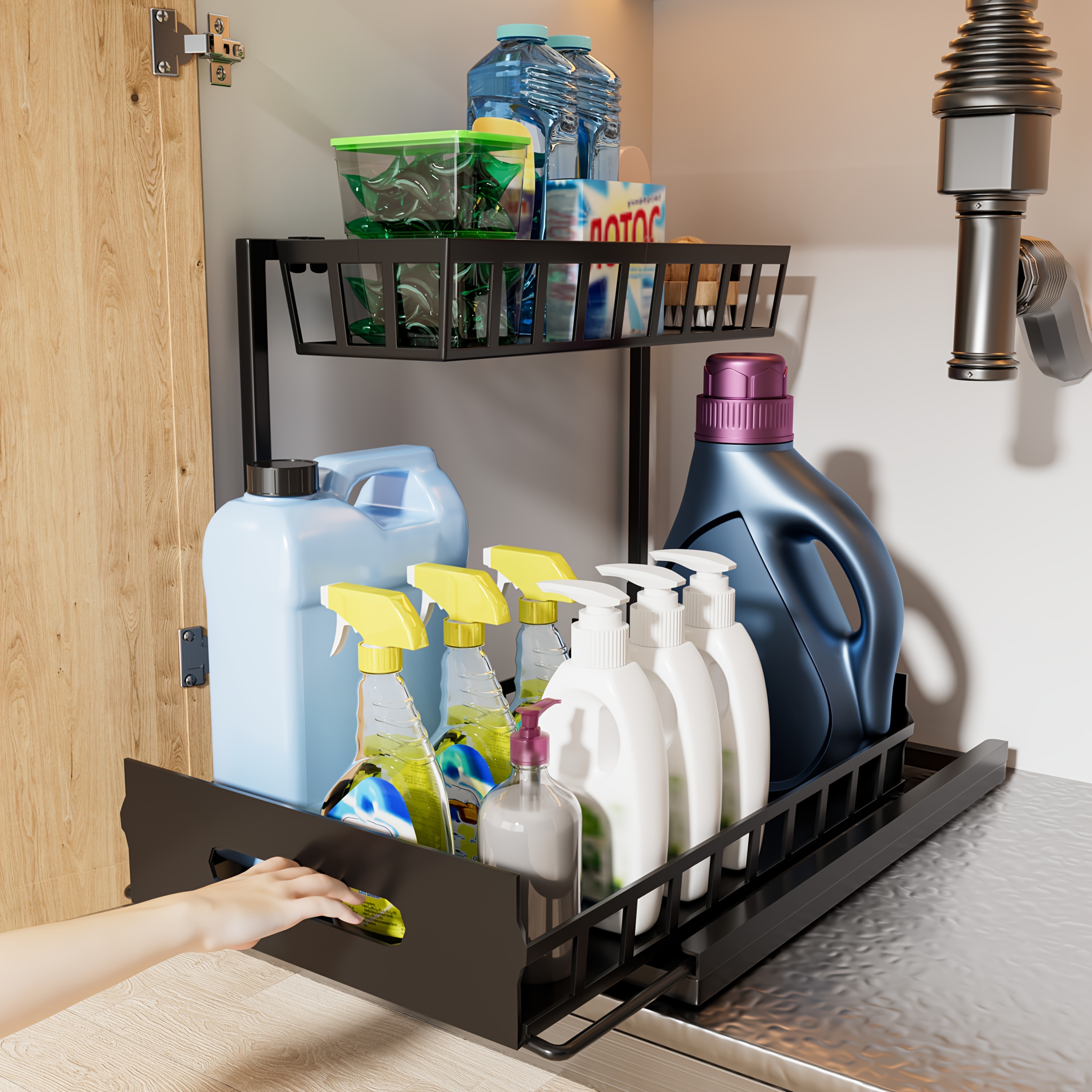 TEMU Two-tier Metal Under Sink Organizer And Storage Rack, Slide-out Pull-out Cabinet Drawer For Kitchen, Bathroom, Food Pantry, And Closet