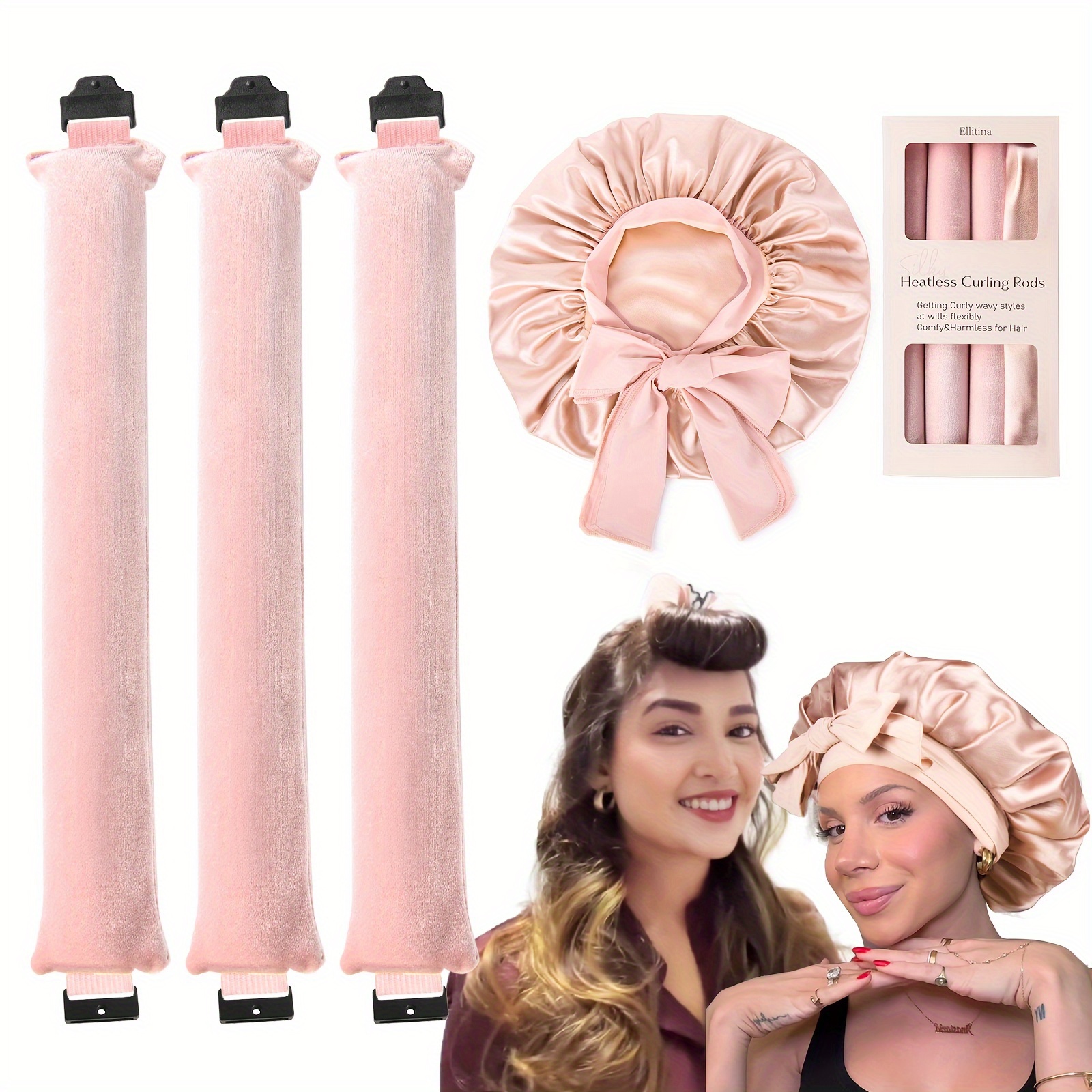 

Ellitina 4pcs Heatless Hair Curler Set - Diy Styling Kit With Flexi Rods, Satin & Silk Bonnet For Sleeping, Fit - Perfect Gift For All Hair Types, Hair Curling Stick, Tie Band, Ellitina