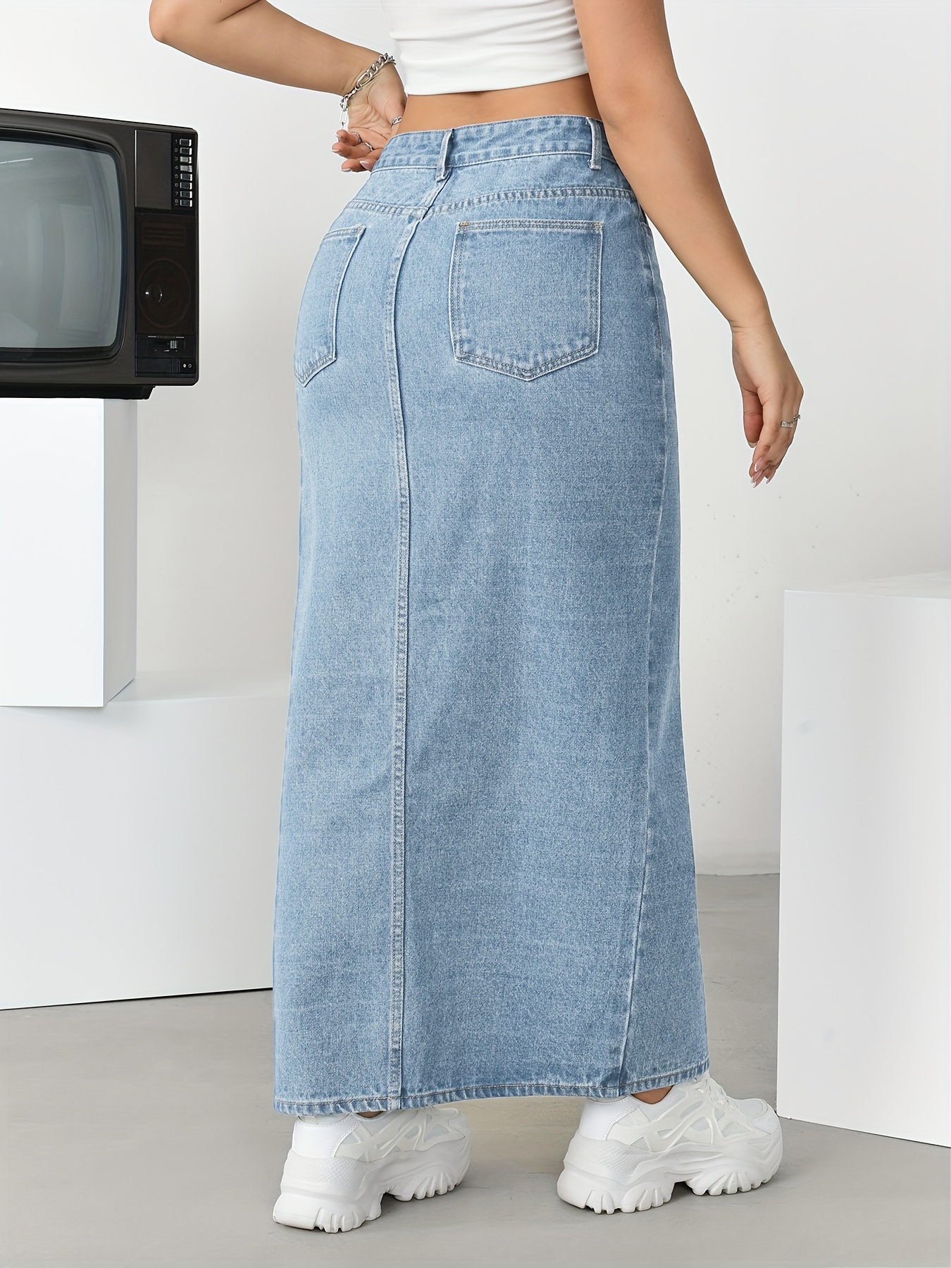 【BAON】Seku Washing Denim Long Skirt Wrap London - Denim maxi skirt