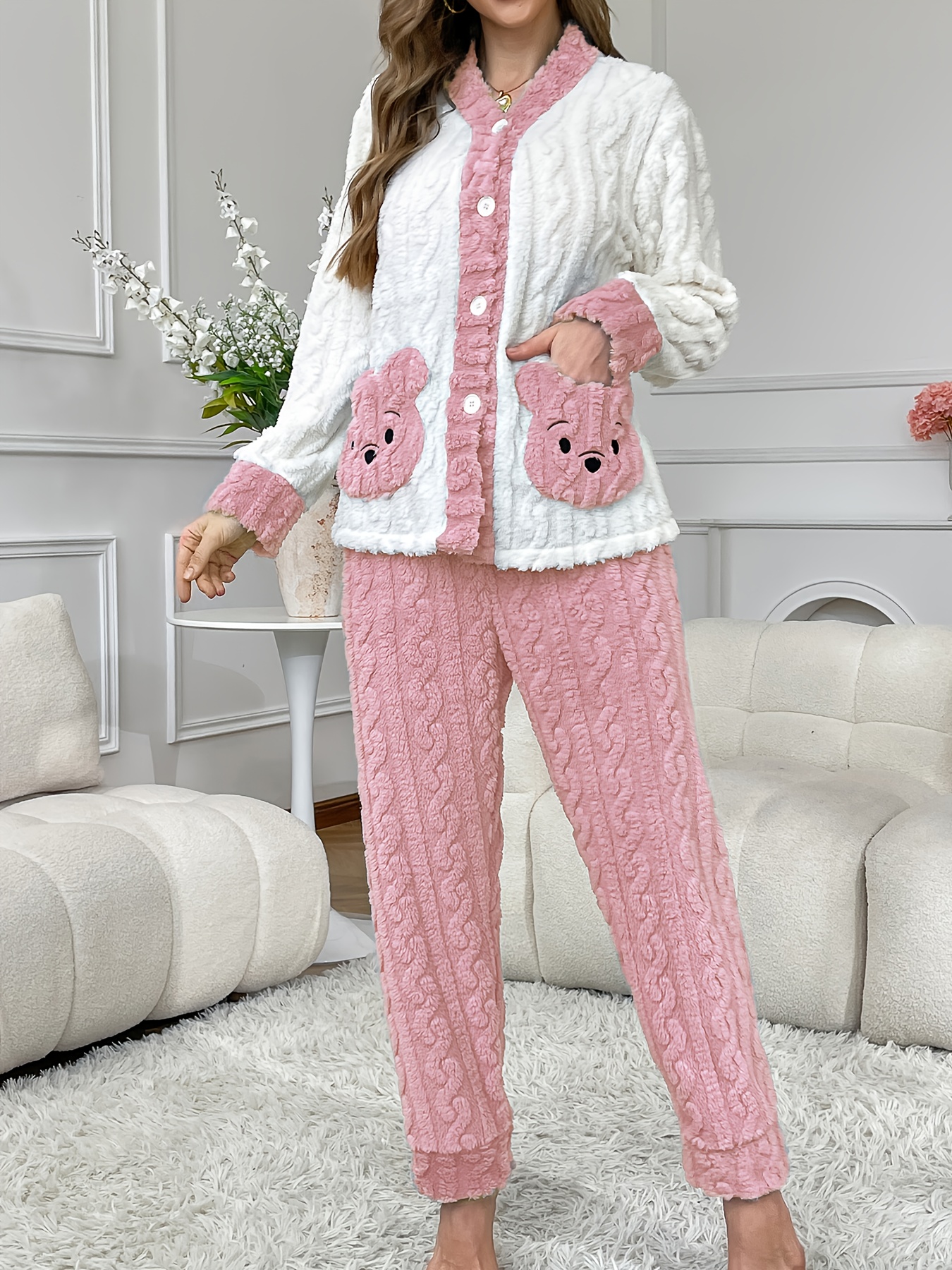 autumn and winter new womens long sleeve robe set with embroidered bear   warm and comfortable loose fit   wear Product details 4