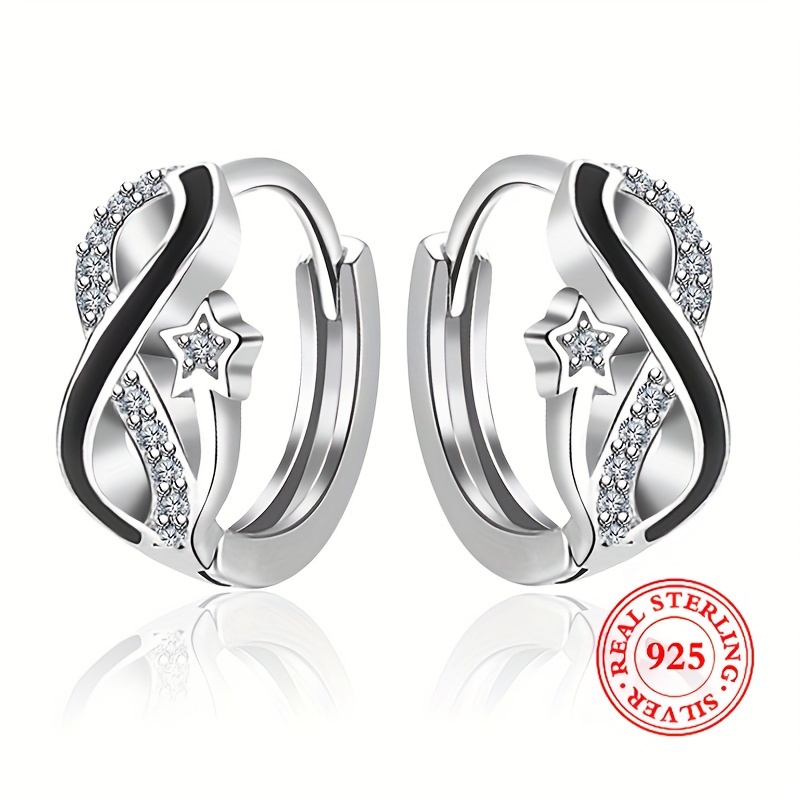 

Star Black Fluid Design Hoop Earrings 925 Sterling Silver Hypoallergenic Jewelry Vintage Elegant Style For Women Daily Wear