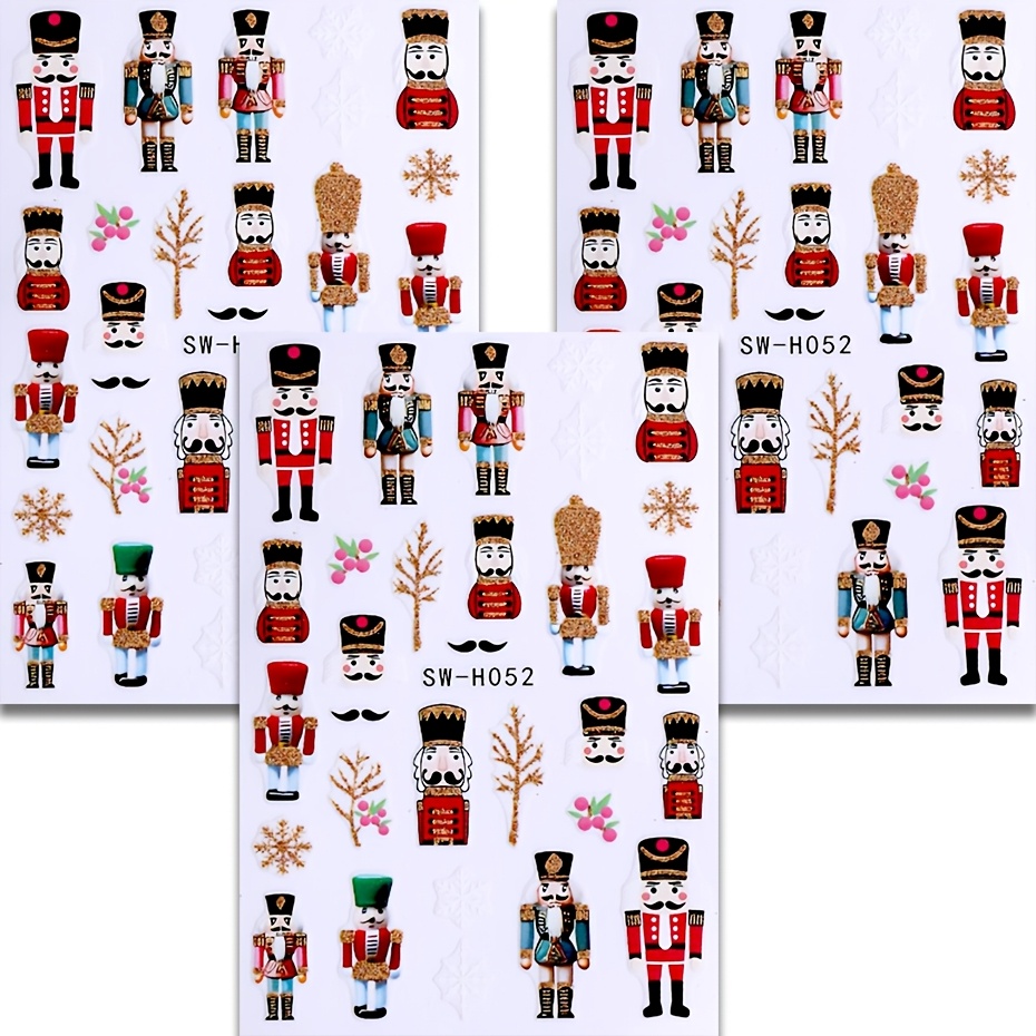TEMU 3pcs Christmas Nail Stickers - 3d Glitter Nutcracker Soldiers, Puppet Soldiers, Golden Snowflake Branches With And Moustaches For Nail Art