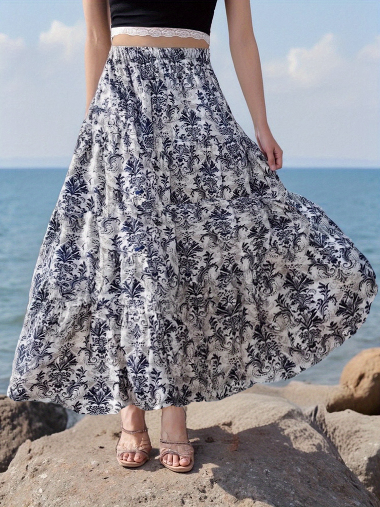 womens elegant high waisted floral print maxi skirt flowy Temu