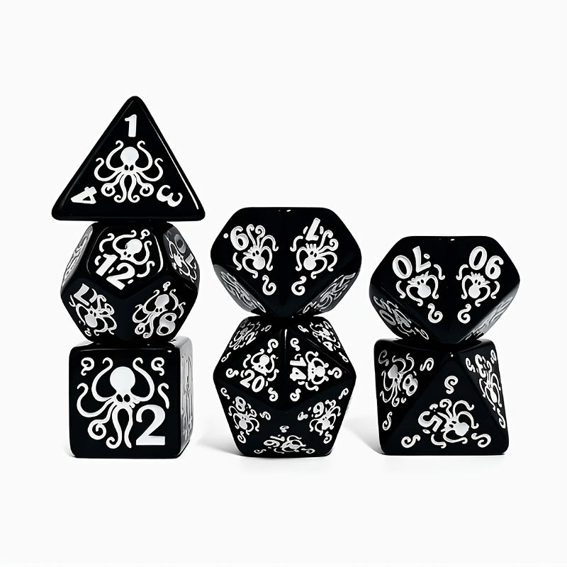 Black Polyhedral Dice Set with Octopus Carved Pattern