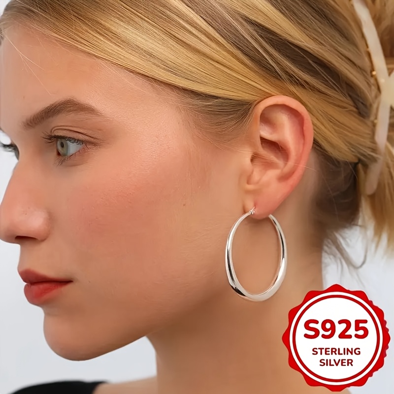 

A Pair Of S925 Sterling Silver Women's Earrings, Lightweight Round Earrings, Elegant And Minimalist Style Earrings,