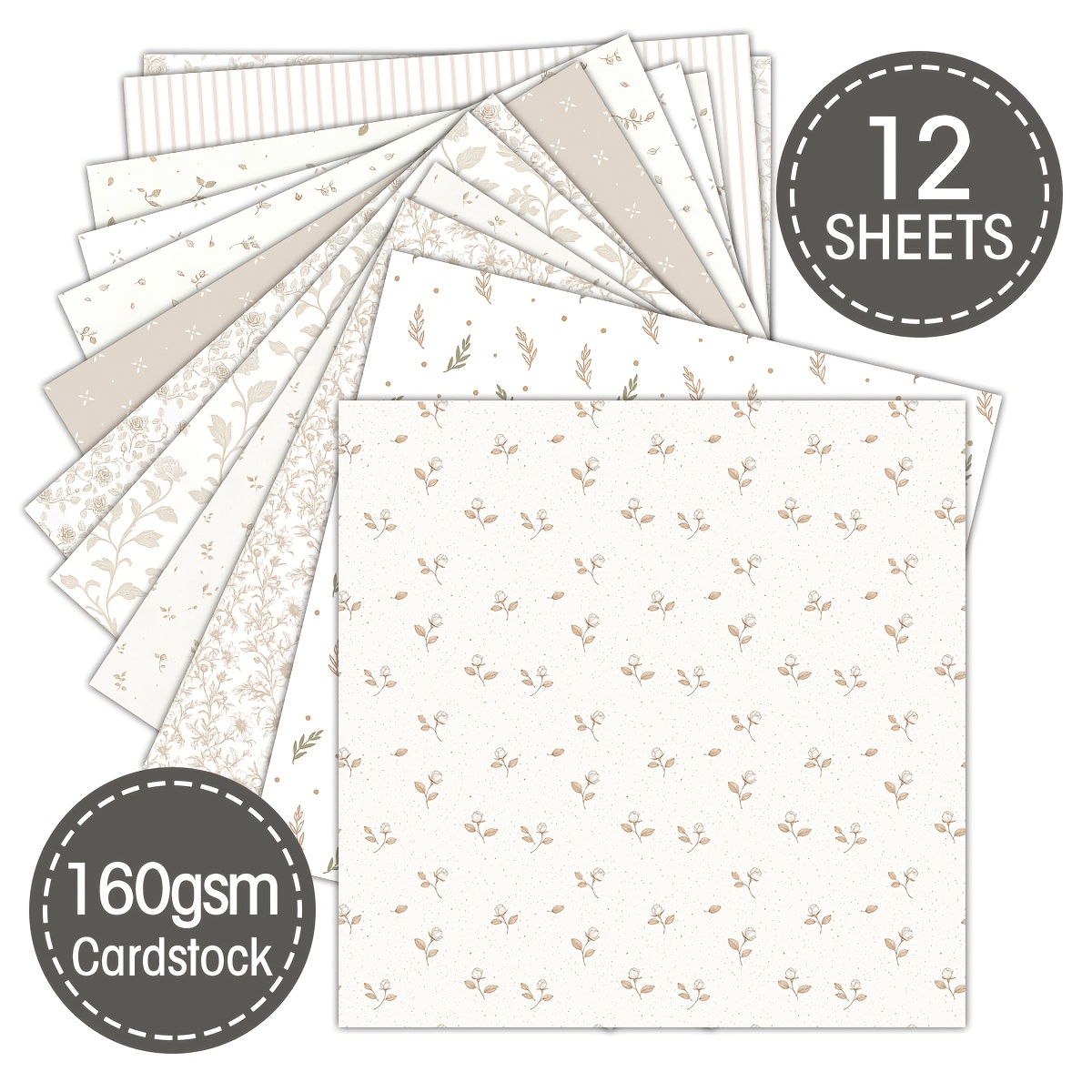 E-shop 12-Blatt cremefarbenes Vintage-Botanik--Papier – Geeignet für Journaling, Kartenbasteln, Hochzeitsdeko mit Knospen, Zweigen, Streifen &