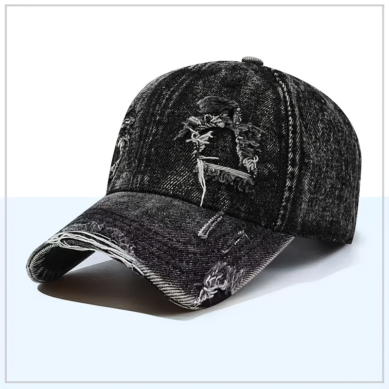 TEMU Men' & Women' Ripped Snapback - Distressed Washed Baseball Hat With Bend Brim, Lightweight Round Top Suitable For Hip-hop, Casual Wear, Outdoor