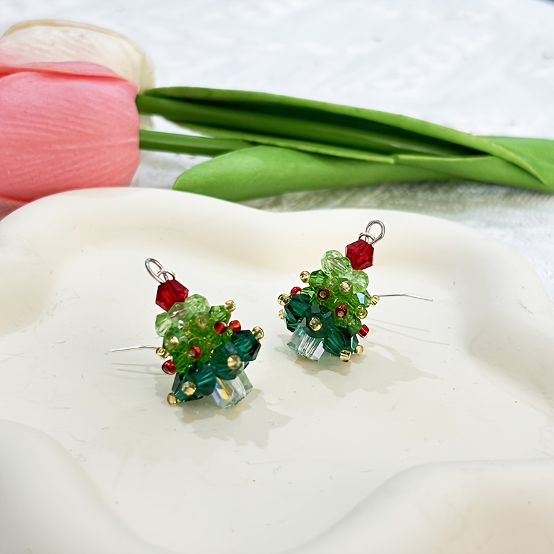 Hand Beaded 3D Christmas Tree Earrings with Crystals