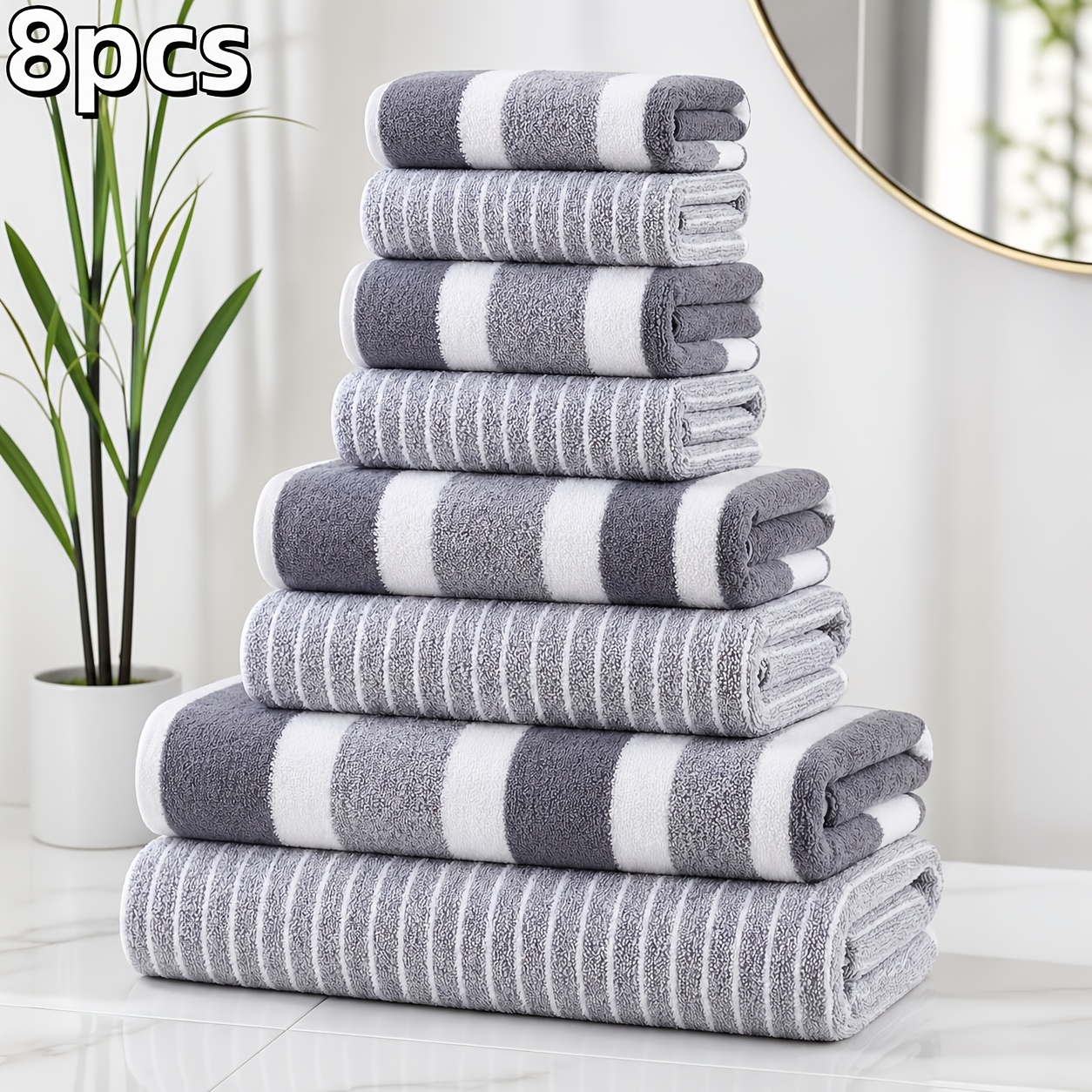 TEMU 8pcs Set, Super Absorbent Bath Towels, , Striped Bath Towel Combination, High- Bathroom Towel Set, Including 2 Bath Towels, 2 Hand Towels, 4