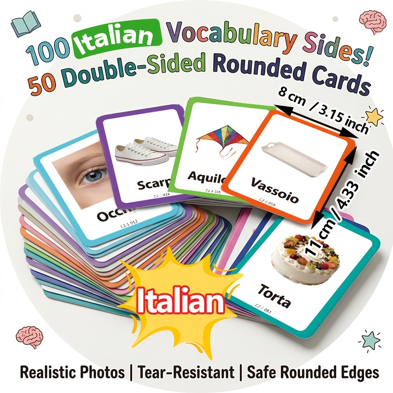 100 italian vocabulary flashcards for kids learning cards 9 themes family body clothes toys tableware   items instruments food preschool homeschool education