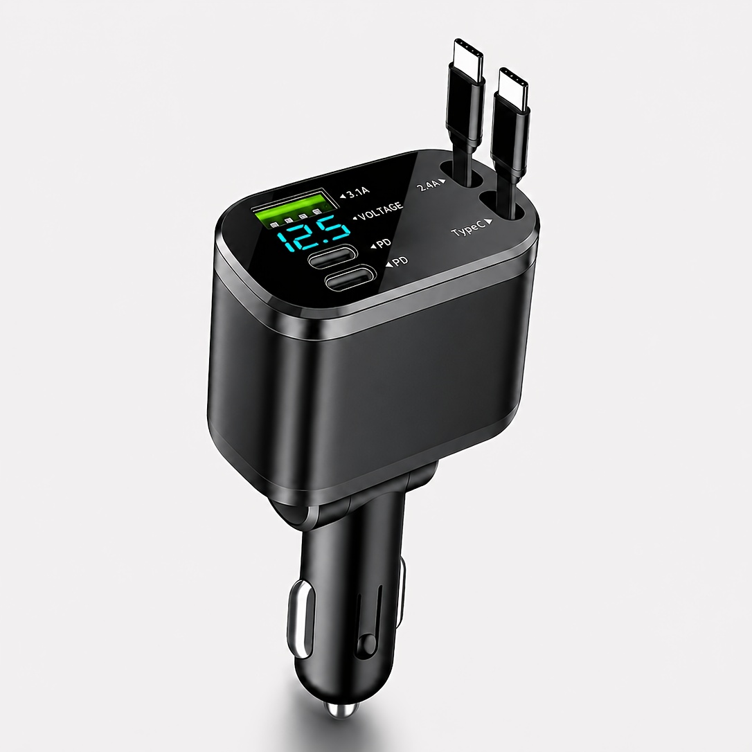 TEMU Caricatore per auto retrattile 5 in 1 | Cavo da 63 cm | 2PD+USB | Ricarica rapida 30W | Display della tensione