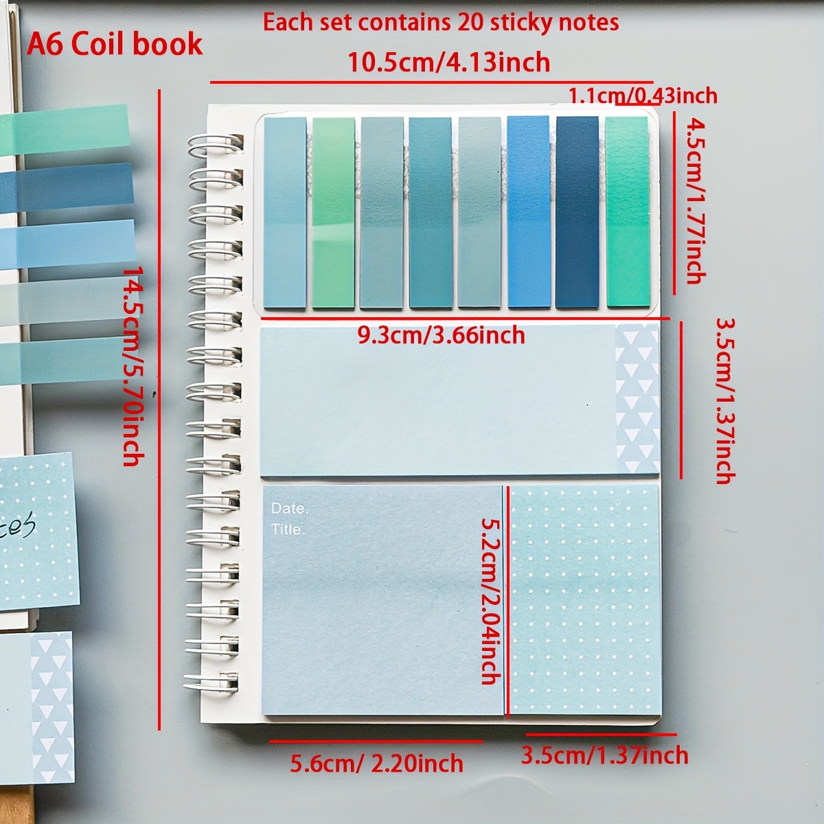 TEMU 1pc Coil Notebook With 20pcs Sticky Notes Per Pack, And Adhesive Pet Index Stickers For Loose-leaf Notebooks, Classification Labels Stickers For