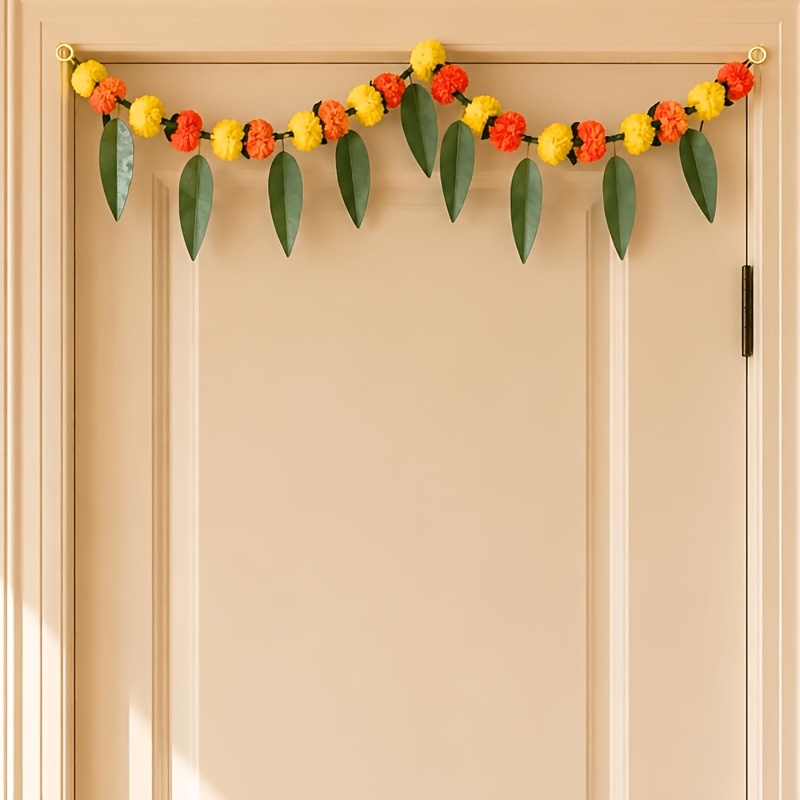 TEMU 2pcs Set Of Marigold And Mango Leaf Door Wreaths, Suitable For Wedding, Housewarming, And Religious Festival Decorations