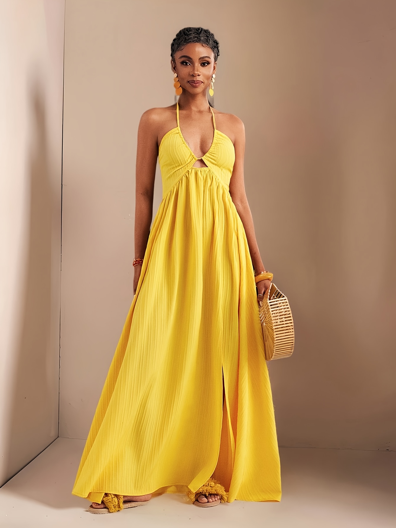 womens shoulder maxi dress elegant yellow solid color - Temu