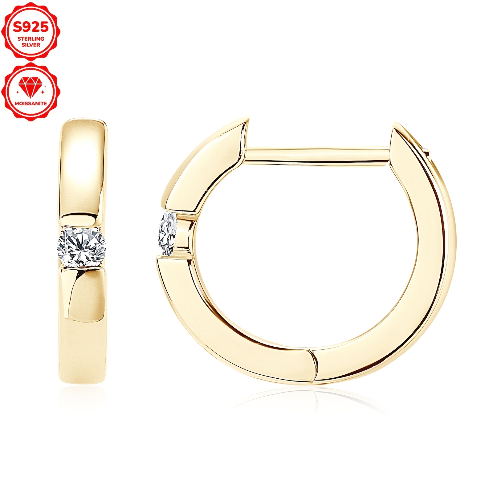 

1 Pair Elegant 925 Sterling Silver Hoop Earrings, 14k Golden Plated With Synthetic Moissanite, April Birthstone, Jewelry For Wedding & Vacation, Christmas Holiday Gift, All Fit