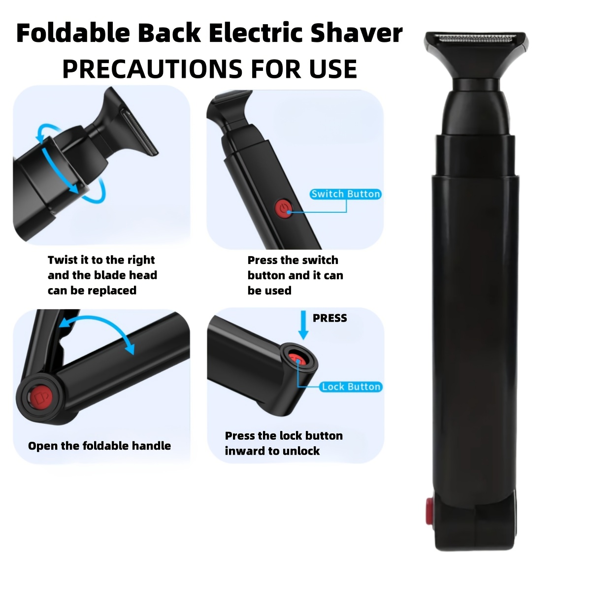 mens foldable back hair trimmer   electric back shaver with a long handle featuring two shock absorbing telescopic heads suitable for trimming underarm and chin hair Product details 3