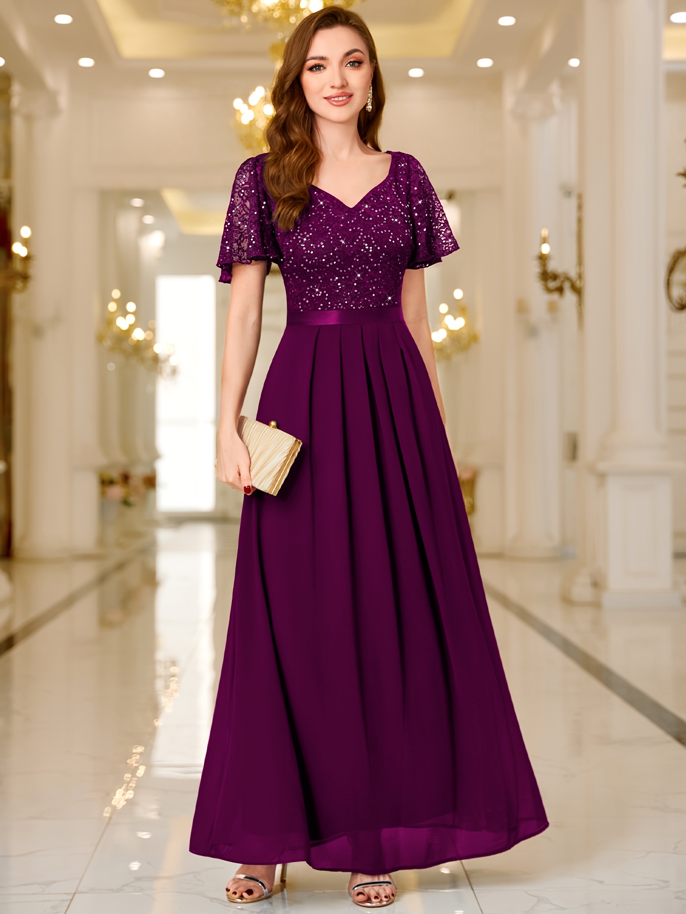 womens elegant deep purple lace sequin a line maxi dress v Temu - Main Image