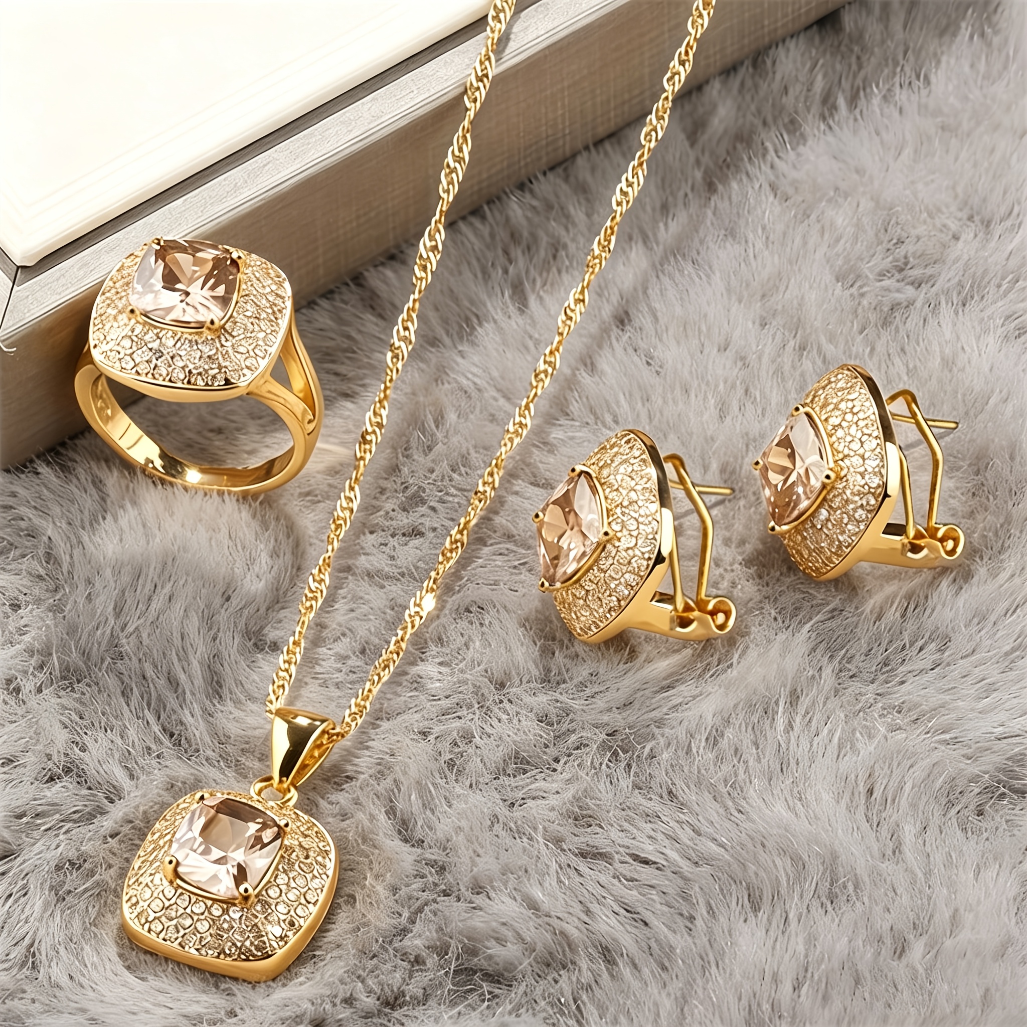 TEMU 4pcs Elegant Vintage Square Jewelry Bridal Wedding Set, Women's Fashion Earrings Necklace Pendant + Ring + Earrings, Adjustable, Multiple Colors
