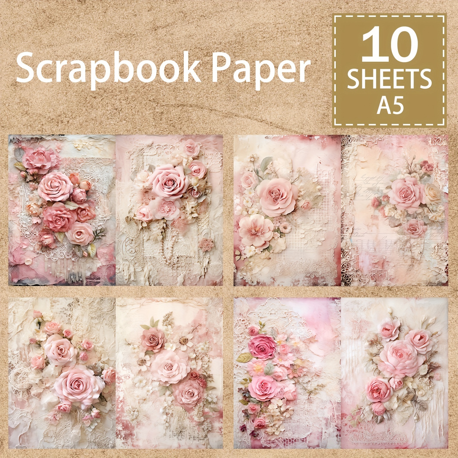 

10sheets A5 Size Valentine's Day Pink Flower Lace Jewelry Background Material Decoration Diy Retro Journal Junk Journal Greeting Card Planner Scrapbook Background Card Pad