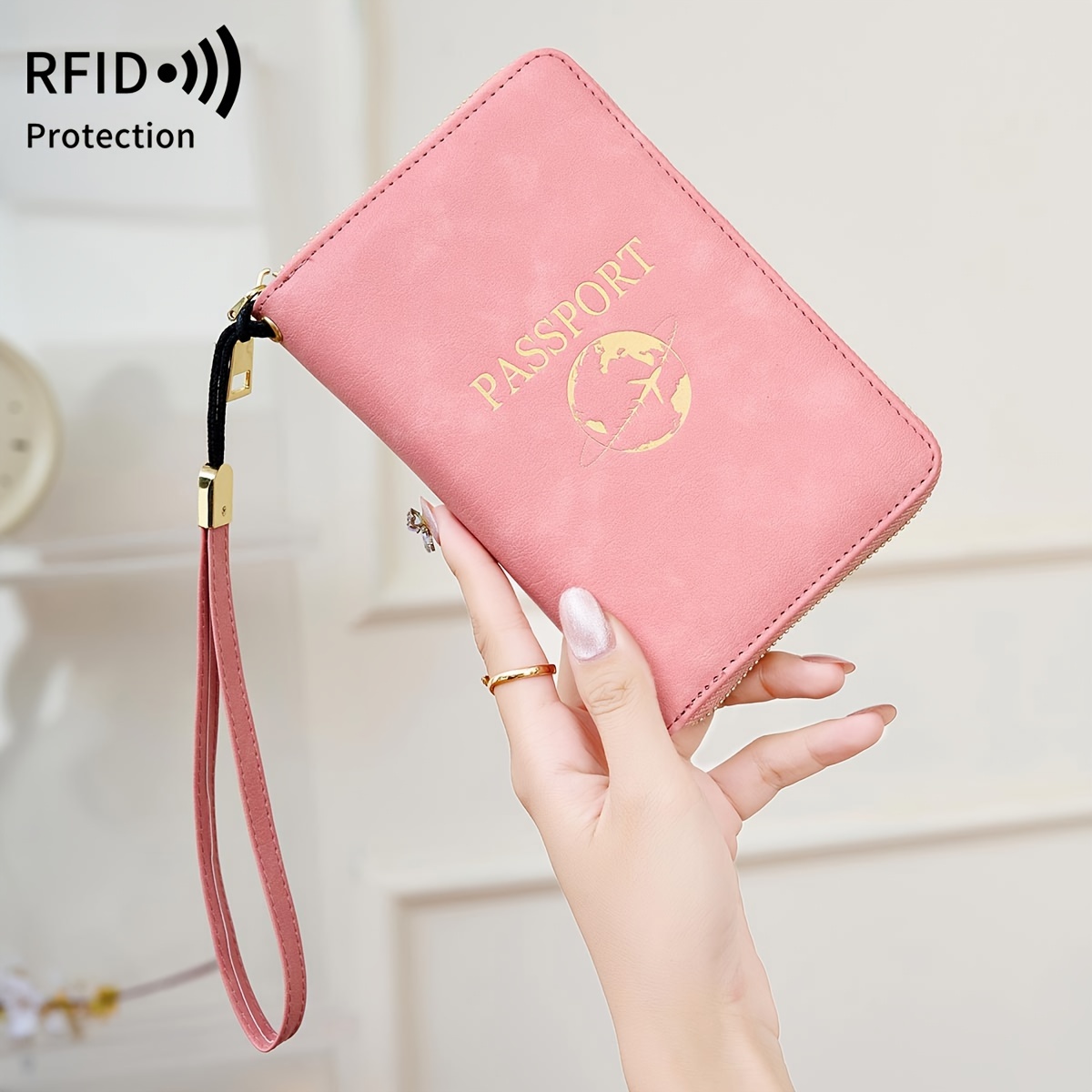 

Rfid Blocking Passport Wallet, Minimalist Bifold With Zipper Closure, Slip Pocket, , Polyester Lining, Lightweight Anti-theft Travel Accessory With Handle Strap For Vacation