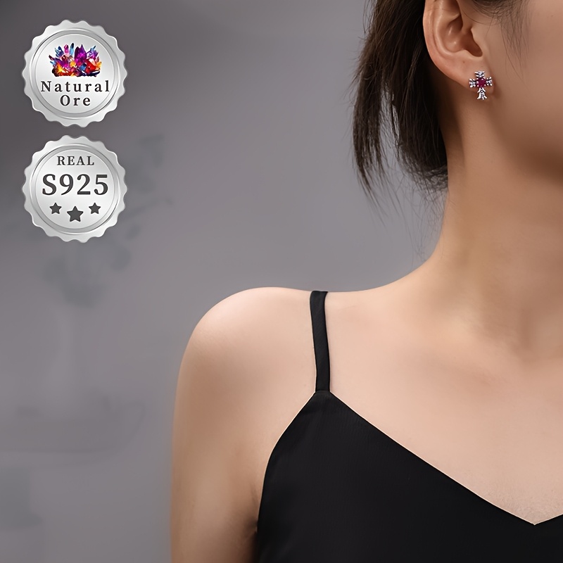 Women's S925 Silver Earrings with Red Garnet, Gothic Cross Design