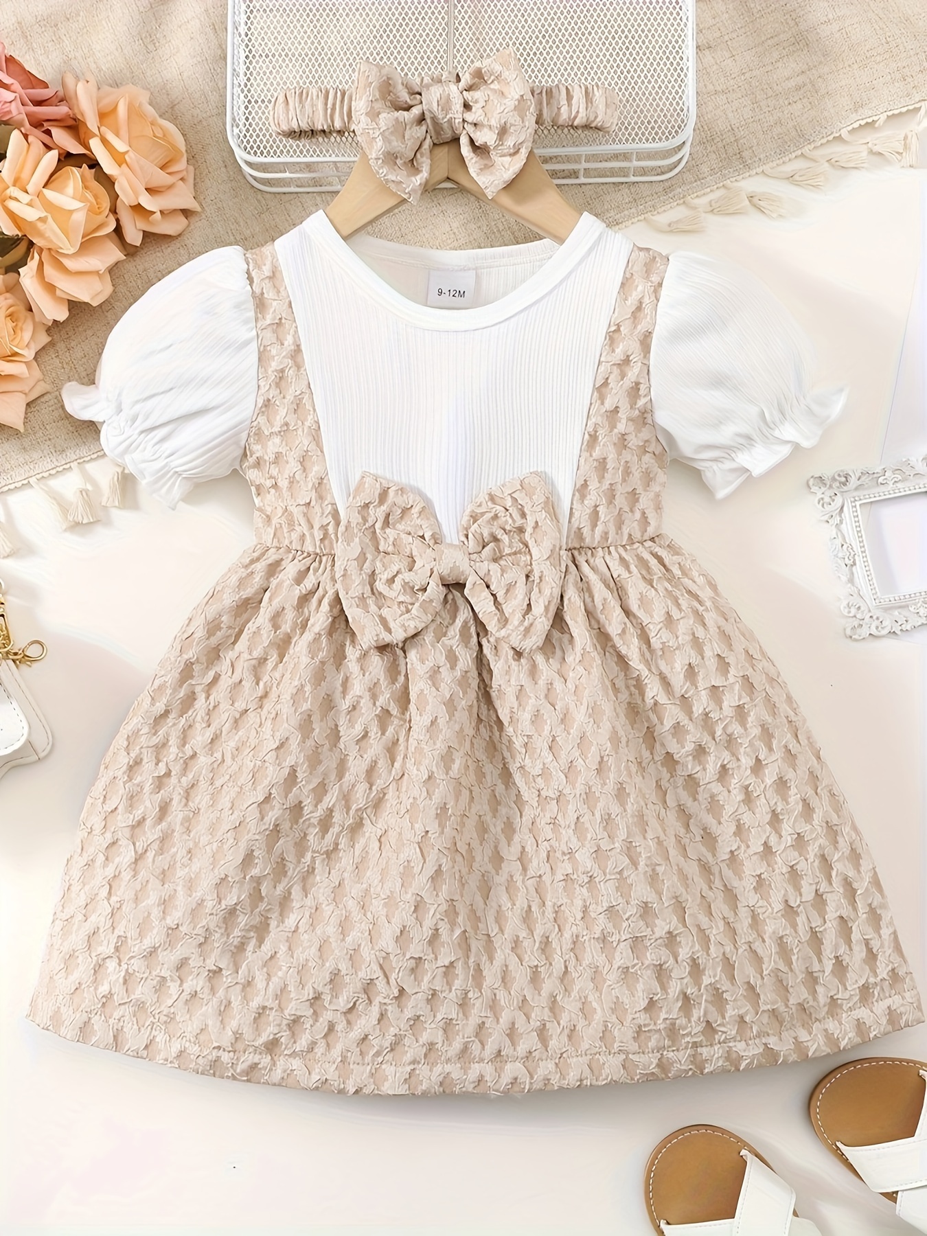 Toddler Girl Faux-two Polka dots Bowknot Design Short-sleeve Dress