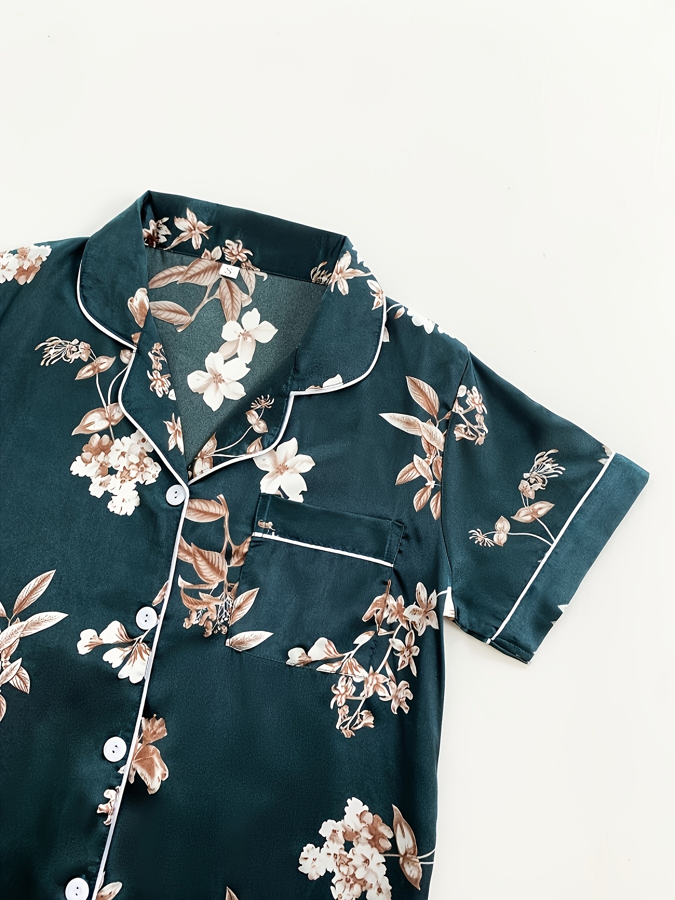 3pcs set of satin classical floral pajamas including womens short sleeved stand up collar top and shorts long pants pajamas   three piece set Product details 3