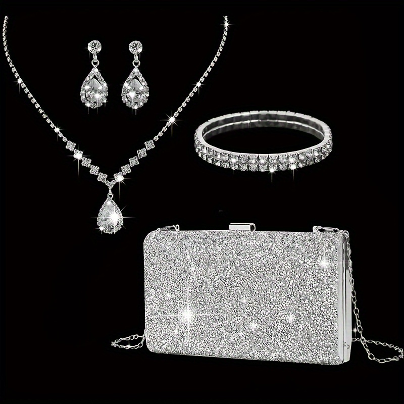 

4pcs Luxury Rhinestone Evening Bag With Jewelry, 1 Set Glitter Wedding Party Prom Banquet Clutch Purse With Sparkly Earrings Necklace And Bracelet For Women