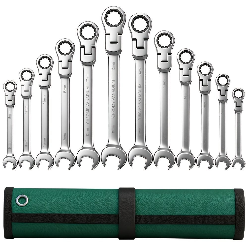 TEMU 12pcs Professional Flex-head Ratchet Wrench Set, 8-19mm, , 180° Swivel, Anti-slip Open End + Box Ratchet, With Storage Bag, Auto