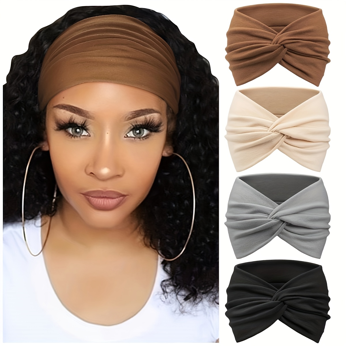 TEMU 4-pack Women's & Men’s Soft Bohemian Turban Headbands - Knotted Vintage Design, (brown/beige/gray/black) For Yoga, Running, Sports & Casual Wear