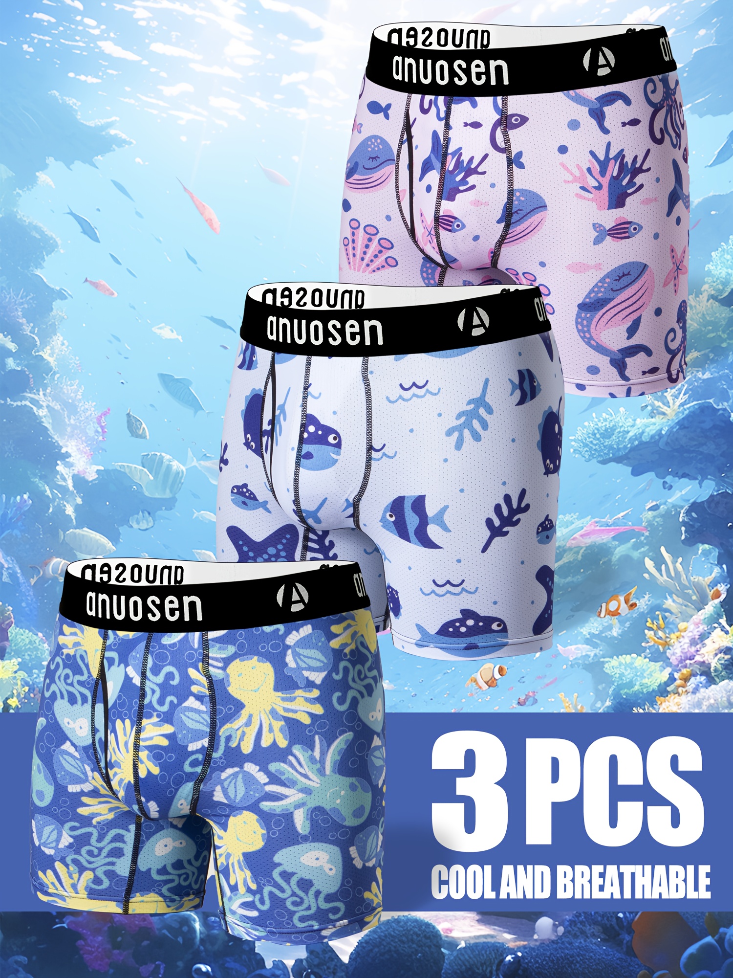 3pcs Men'S Boxer Briefs, Summer Breathable Mesh Side-Cutout Athletic Underwear, Moisture-Wicking Quick-Dry Digital Print Ocean World Multi-Color Set, Comfortable Soft Stretch Sports Shorts with Unique Belt Design
