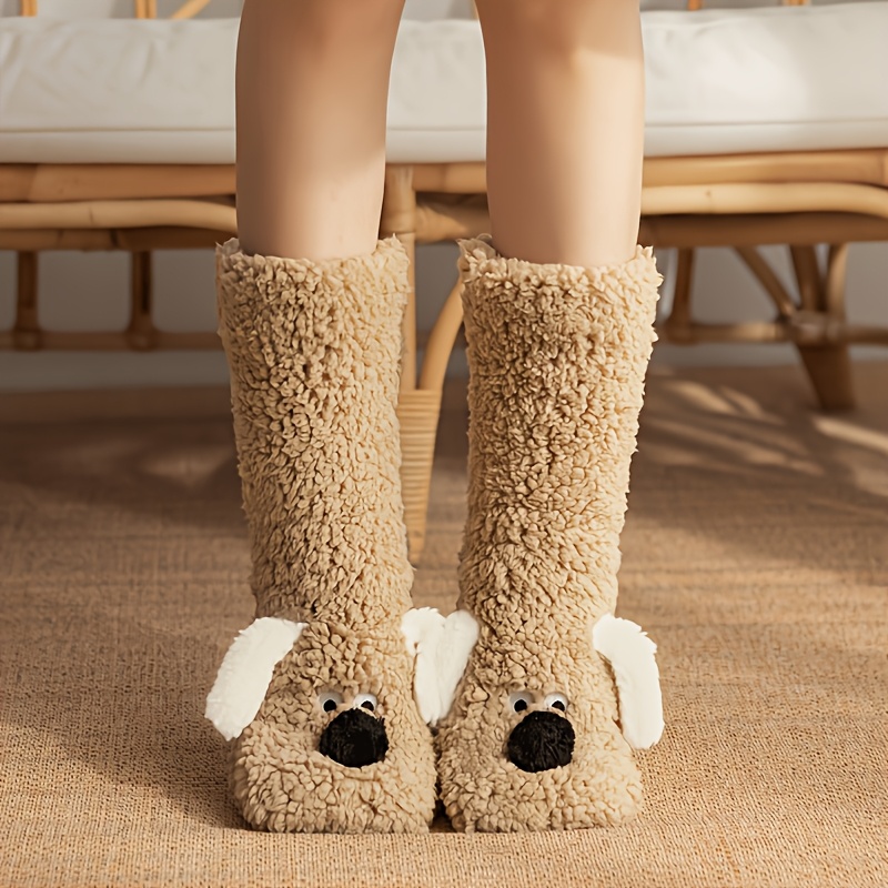 TEMU 1 Paire de Chaussettes Femme Chiot //Blanc, Anti-Peluche et Lavables en Machine. Chaussettes Moelleuses Animaux de Dessin Animé, Ultra-Douces,