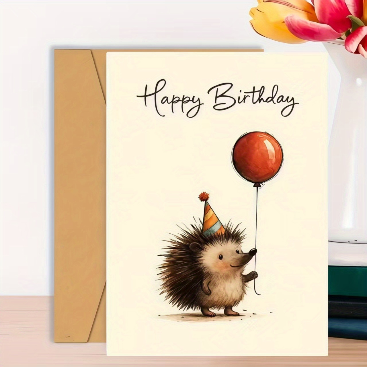 A Hedgehog Birthday Card Featuring Red Balloons - Perfect For Birthday Party Decorations, With Elegant Cursive Font And A Matching Envelope - Ideal For , Family
