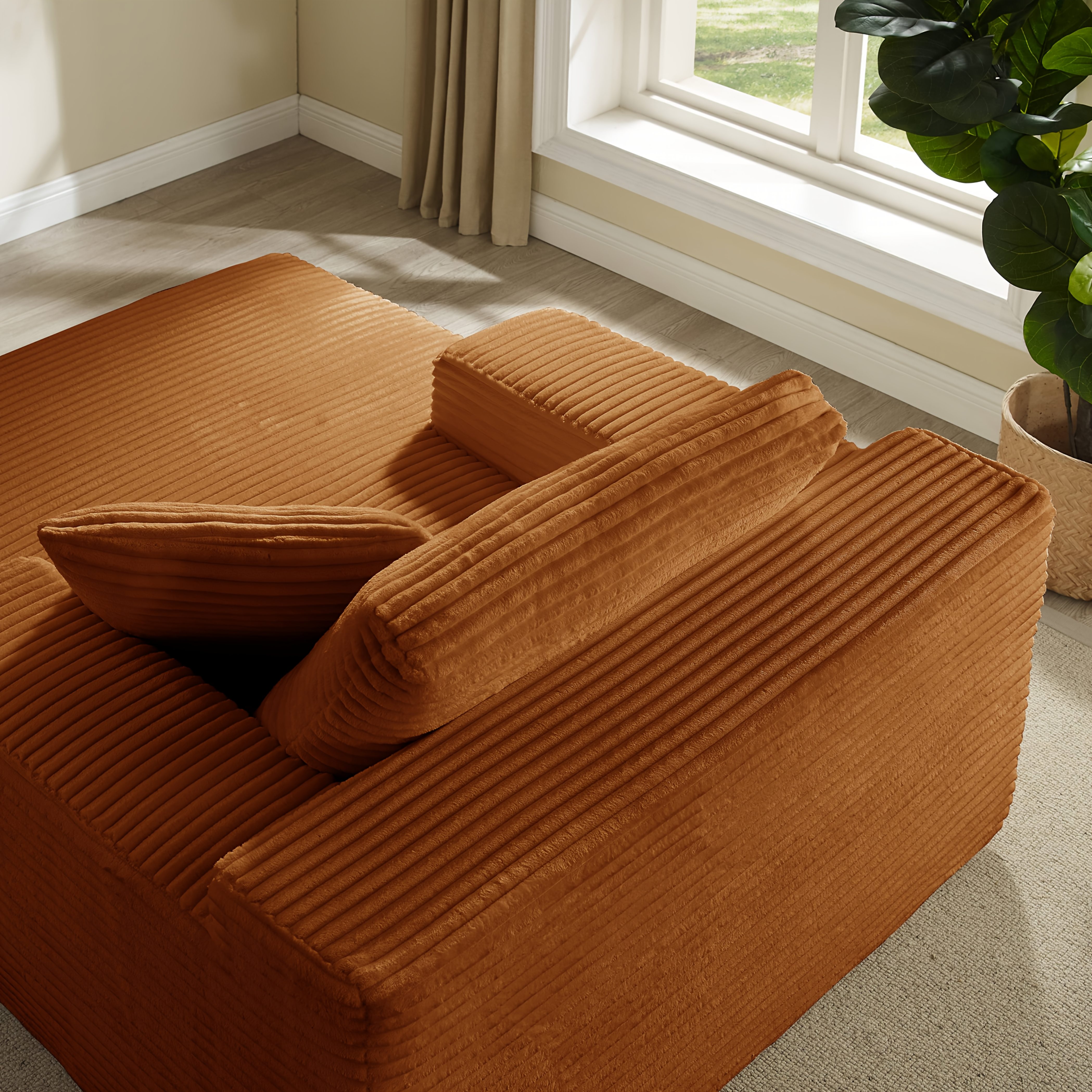 51-inch Oversized Boneless Lounge Chaise Recliner - Corduroy Sofa with Pillows and Armrests | Deep-Seat with High-Density Foam Cushion | U-Shaped Folding Sofa Bed for Living Room, Apartment, Bedroom | No Assembly Required | Available in Beige