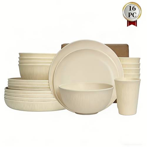 16pcs plastic tableware set with 3d stripes unbreakable plates shatterproof plastic dinnerware set microwave and dishwasher safe reusable plastic tableware set 8 plates 4 bowls 4 cups ideal for camping and everyday use black beige