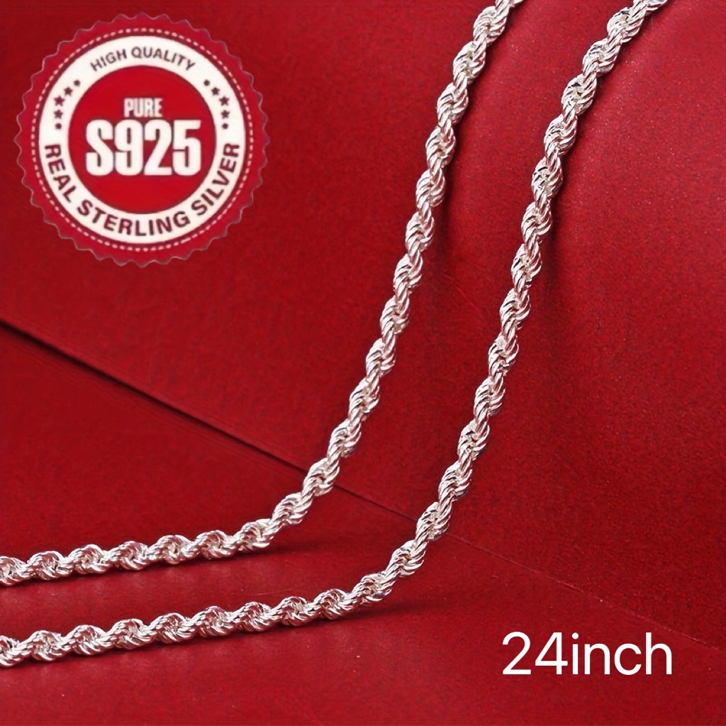 TEMU 925 Sterling Silvery Twisted Rope Chain Necklace, Simple Hip-hop Style, Elegant Women's Jewelry Accessories, Gemstone, Valentine's Day Gift,
